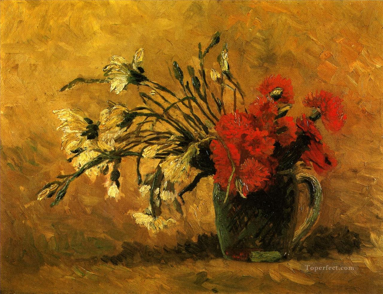 Jarrón con claveles rojos y blancos sobre fondo amarillo Vincent van Gogh Impresionismo Flores Pintura al óleo